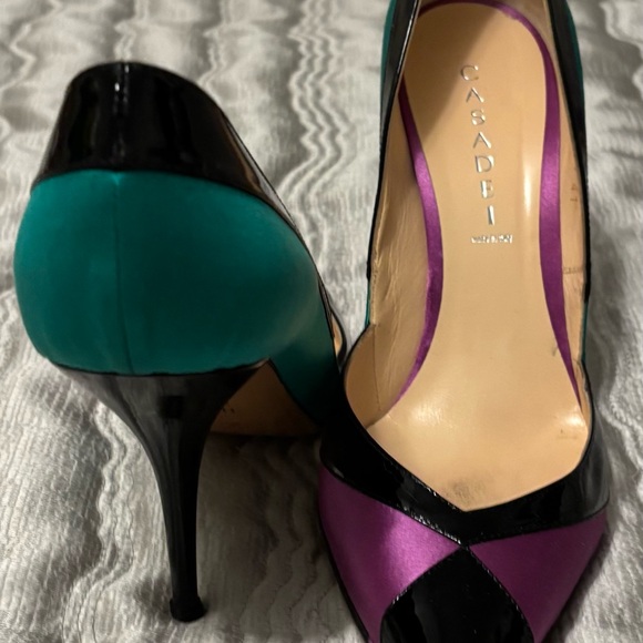 Casadei Italy Colorblock Leather Pointed Stiletto Pumps Teal Magenta Black Sz 11 - Picture 3 of 5